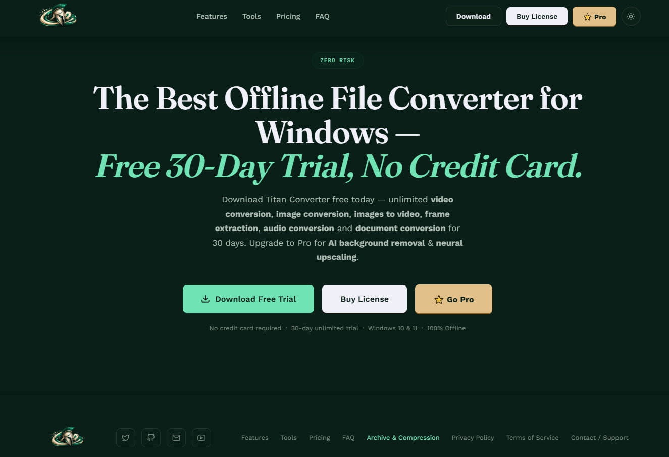 Titan Converter website hero reading 'The Best Offline File Converter for Windows — Free 30-Day Trial, No Credit Card' with download buttons